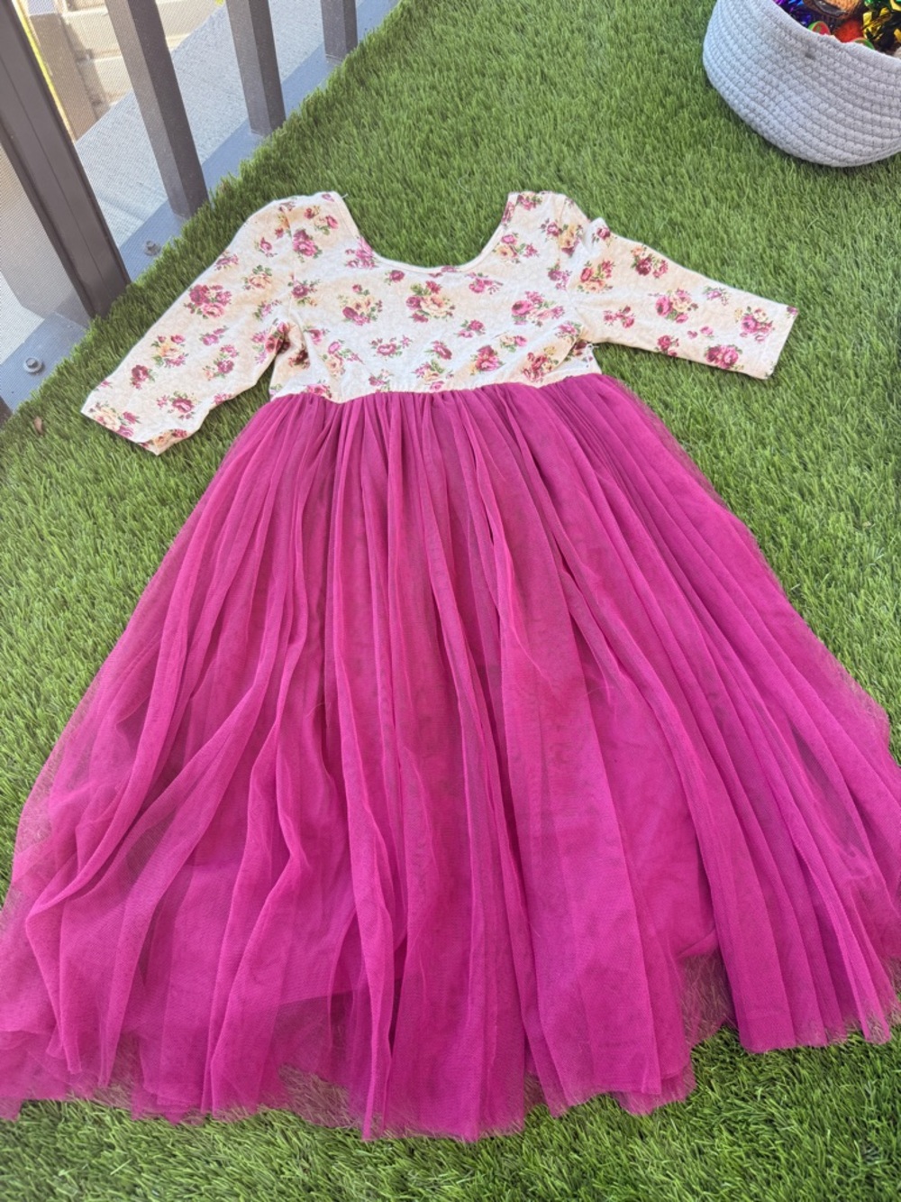 Girls Floral Top with Fuchsia Tulle Skirt Dress